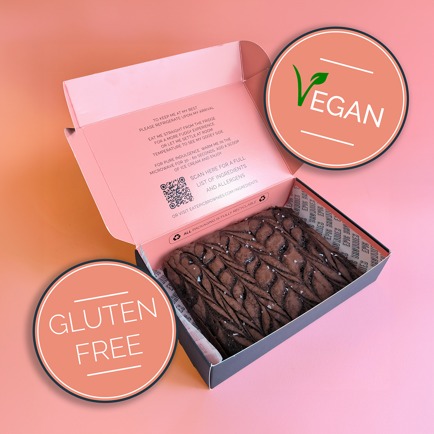 Image of vegan salted caramel brownie slab in box