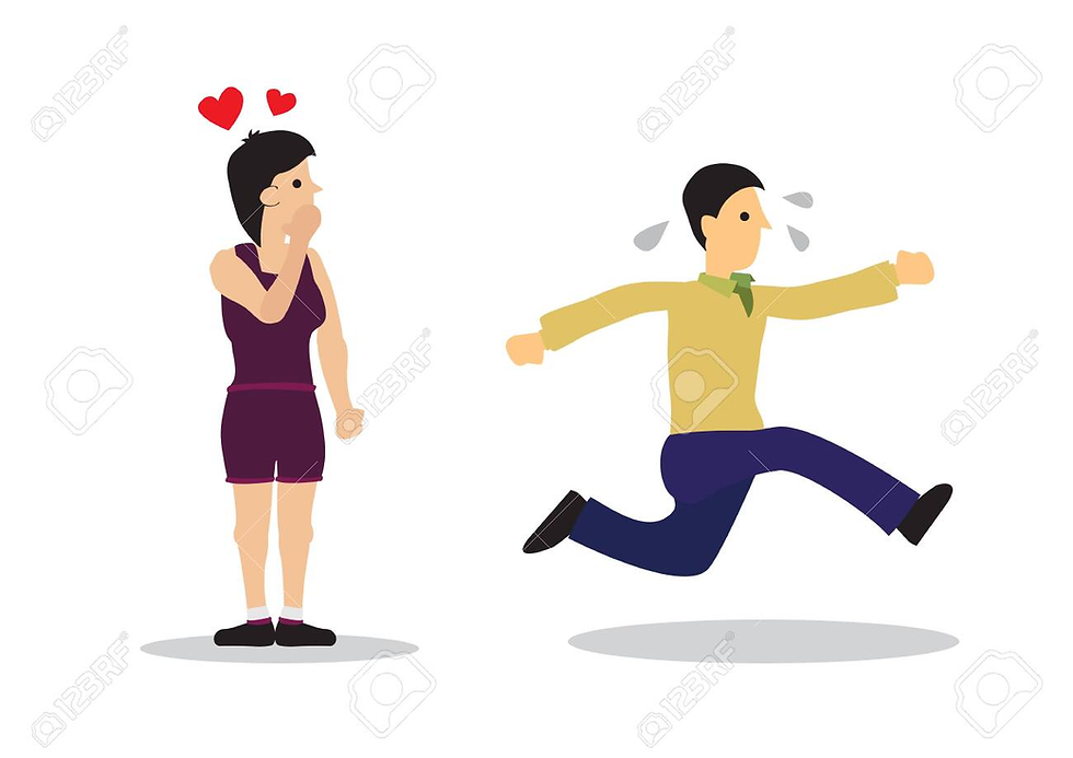 Illustration of a man and woman standing apart beneath a broken heart, representing emotional withdrawal, difficulty with closeness, and pulling away in relationships after trauma.