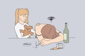 Cartoon illustration showing a distressed student slumped at a desk with a bottle and spilled cup beside them, while a blonde girl holds a teddy bear nearby, representing emotional distress, avoidance coping, and the use of alcohol or substances in response to trauma-related overwhelm.