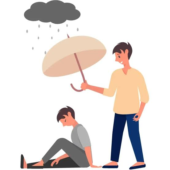 Illustration of one person offering an umbrella to another seated beneath a rain cloud, representing seeking support and care when experiencing symptoms of PTSD or complex PTSD.