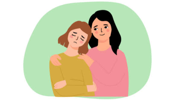 Illustration of a woman comforting a sad family member, representing how partners, parents, and loved ones can support someone after trauma with empathy and emotional safety.