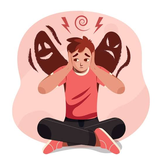 Illustration of a distressed boy covering his ears as threatening faces and lightning surround him, representing trauma-related distress and symptoms associated with PTSD and complex PTSD.