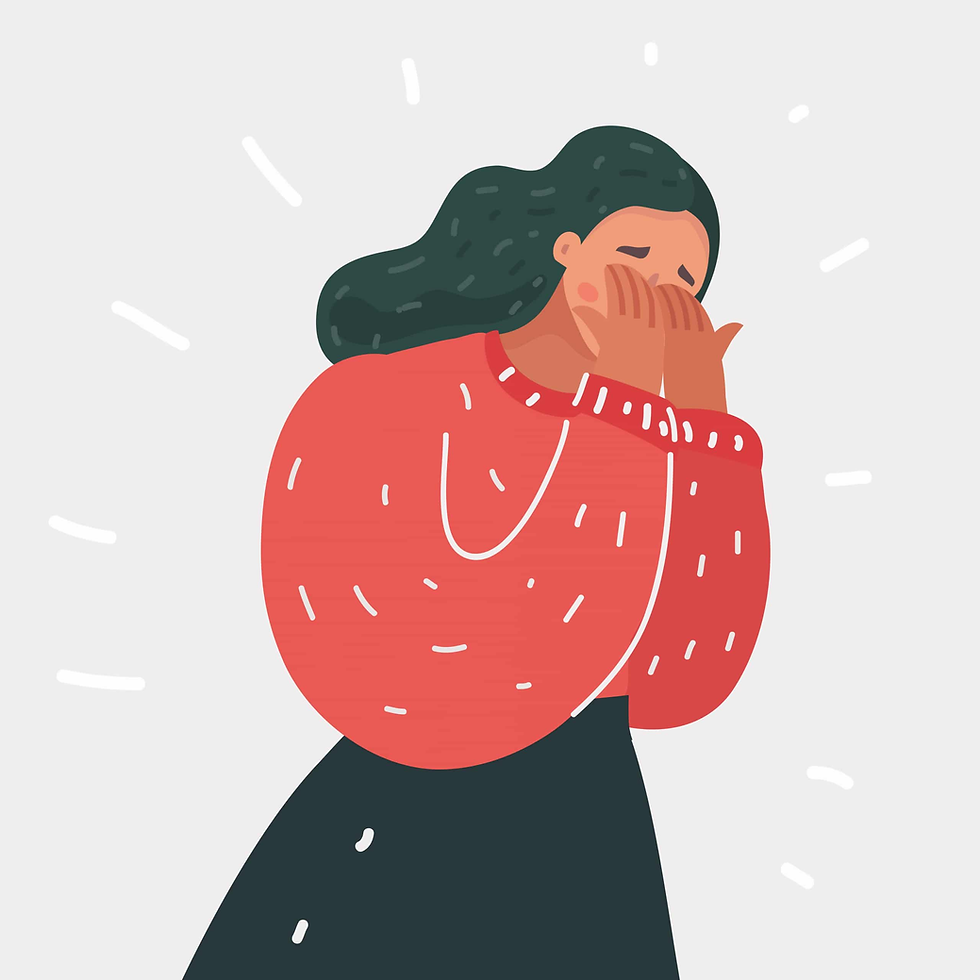 Illustrated woman covering her face with her hands, representing distress during a trauma flashback.