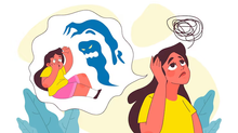 Illustration of a distressed girl with a fearful childhood memory and tangled thoughts, representing how repeated childhood trauma can contribute to the development of complex trauma and long-term emotional distress.