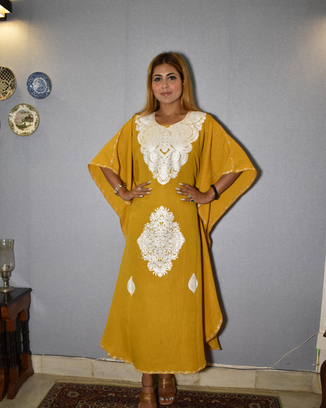Yellow Kaftan with White Texture Design