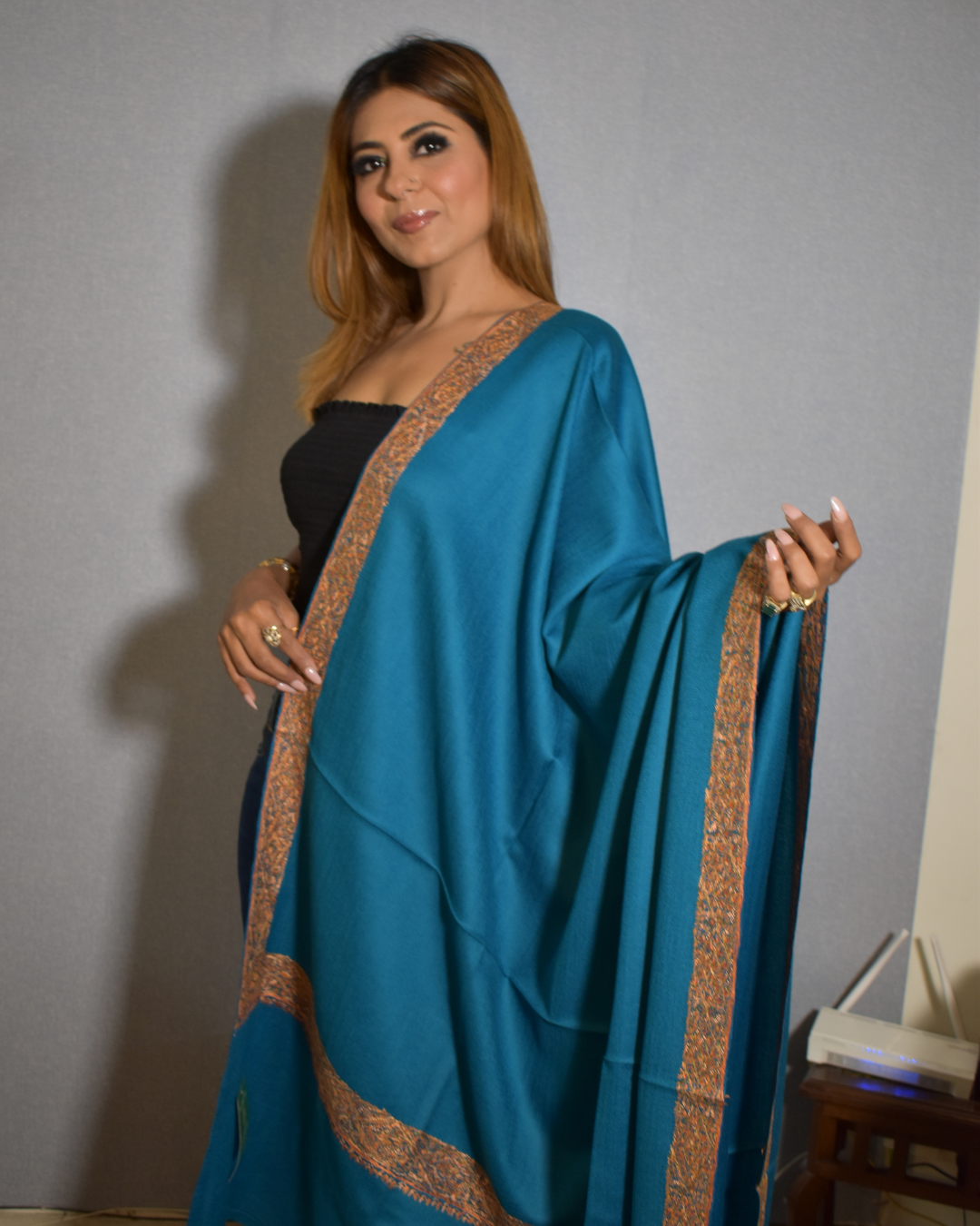 Blue Pashmina with Golden Embroidery