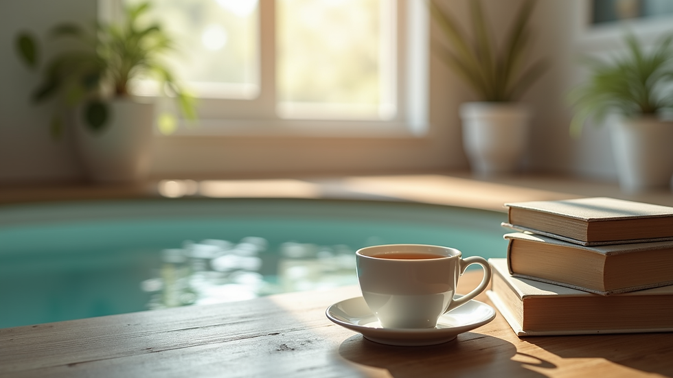Vue en plongée d’un bureau avec des livres de naturopathie et une tasse de thé