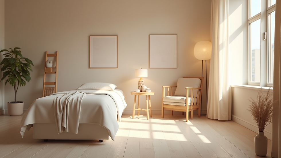 Eye-level view of a calm therapy room with soft lighting and natural decor