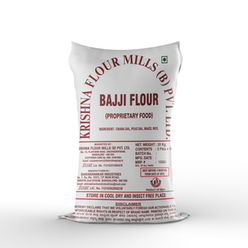 White pack of Krishna Besan Value Bajji Flour, labeled in red with detailed product info.