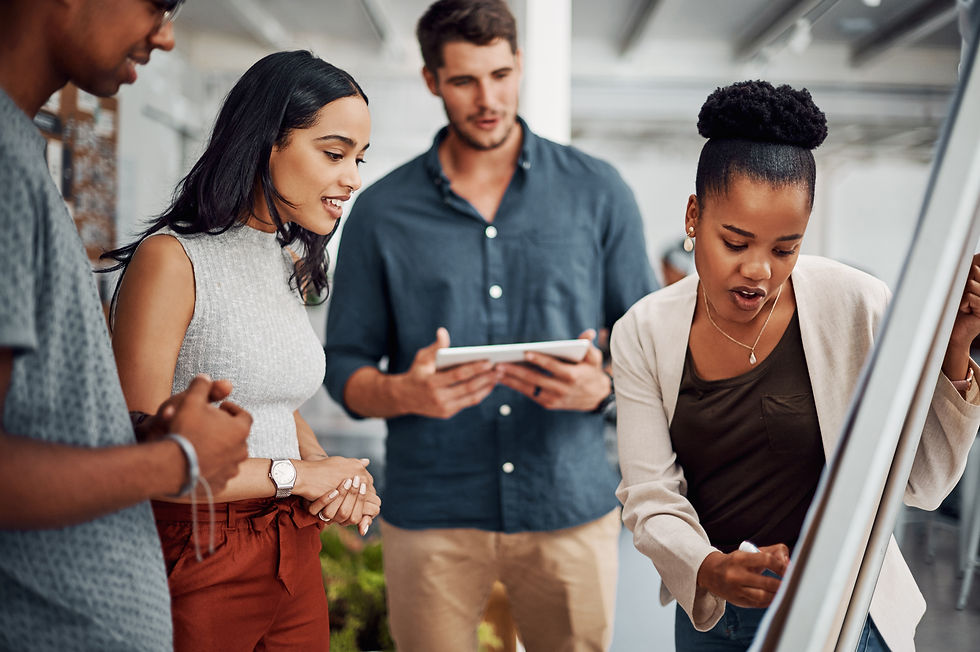 Creative people, teamwork and planning on whiteboard for collaboration, ideas or copywriti