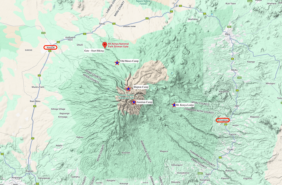 An overview of our huts. We started at The Sirimon Gate, would trek to Old Moses (largely road), then up to Shipton and then Austrian Camp (high camp), summit Mt. Kenya and descend ~14 miles to the Mt. Kenya lodge.