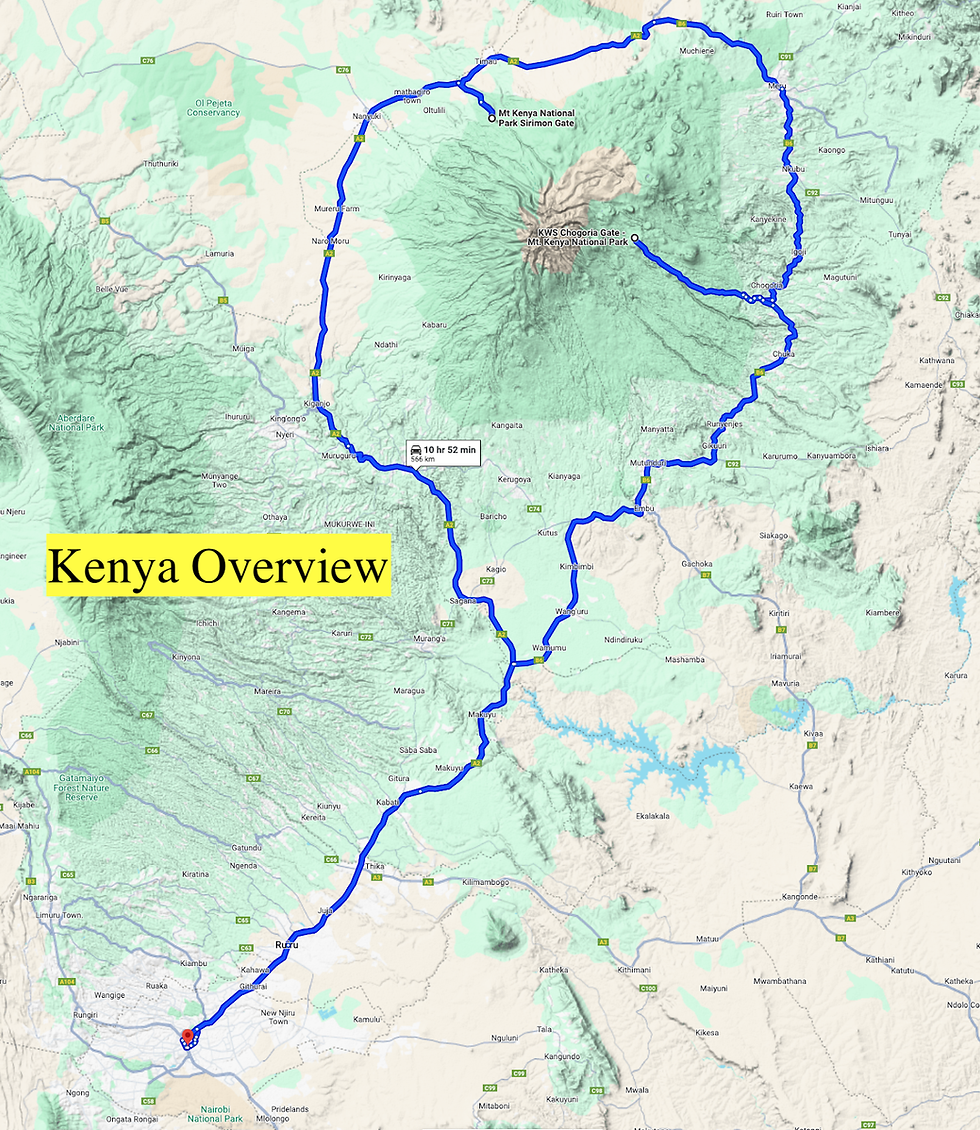 Above: An overview of the 276 square mile Mt. Kenya National Park. This puts it on par with some medium-sized US national parks. For reference, Yellowstone is nearly 3,500 sq miles, whereas Zion is 229 sq miles.