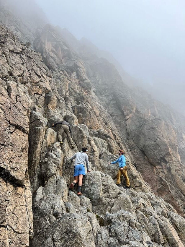 David, Bill and I scrambling up the first pitch the day before the climb.