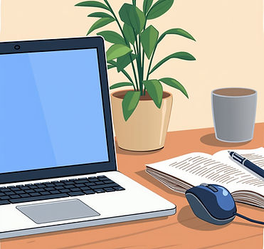 An illustration of an open laptop and a blue mouse, and training documentation.