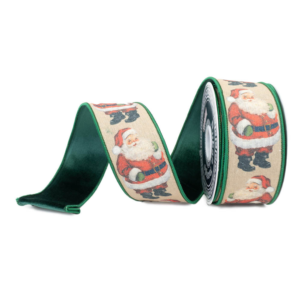 RIBBON 2.5" X 10YDS JUST SANTA NATURAL AND GREEN