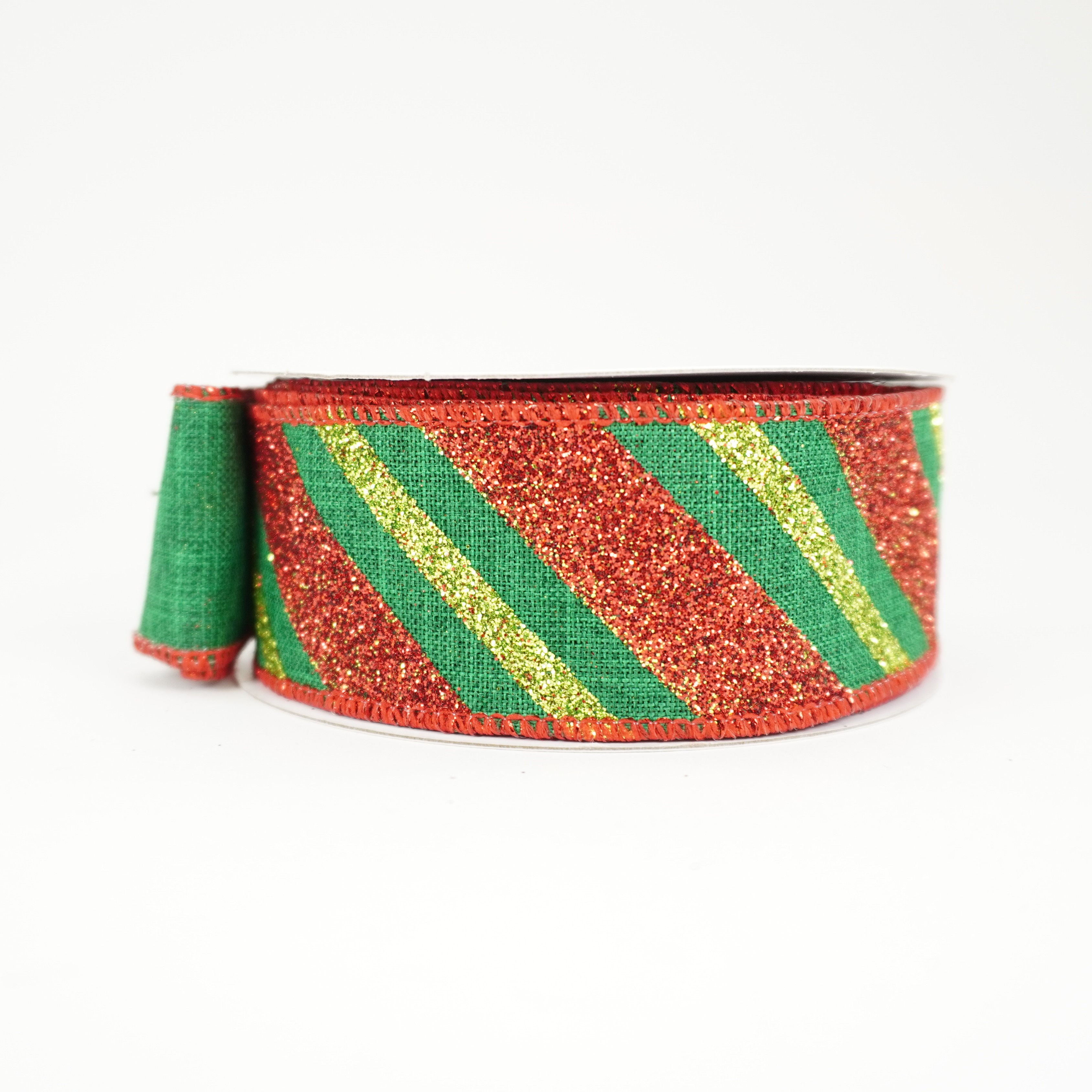 RIBBON 1.5X10YDS GLITTER STRIPE RED AND LIME