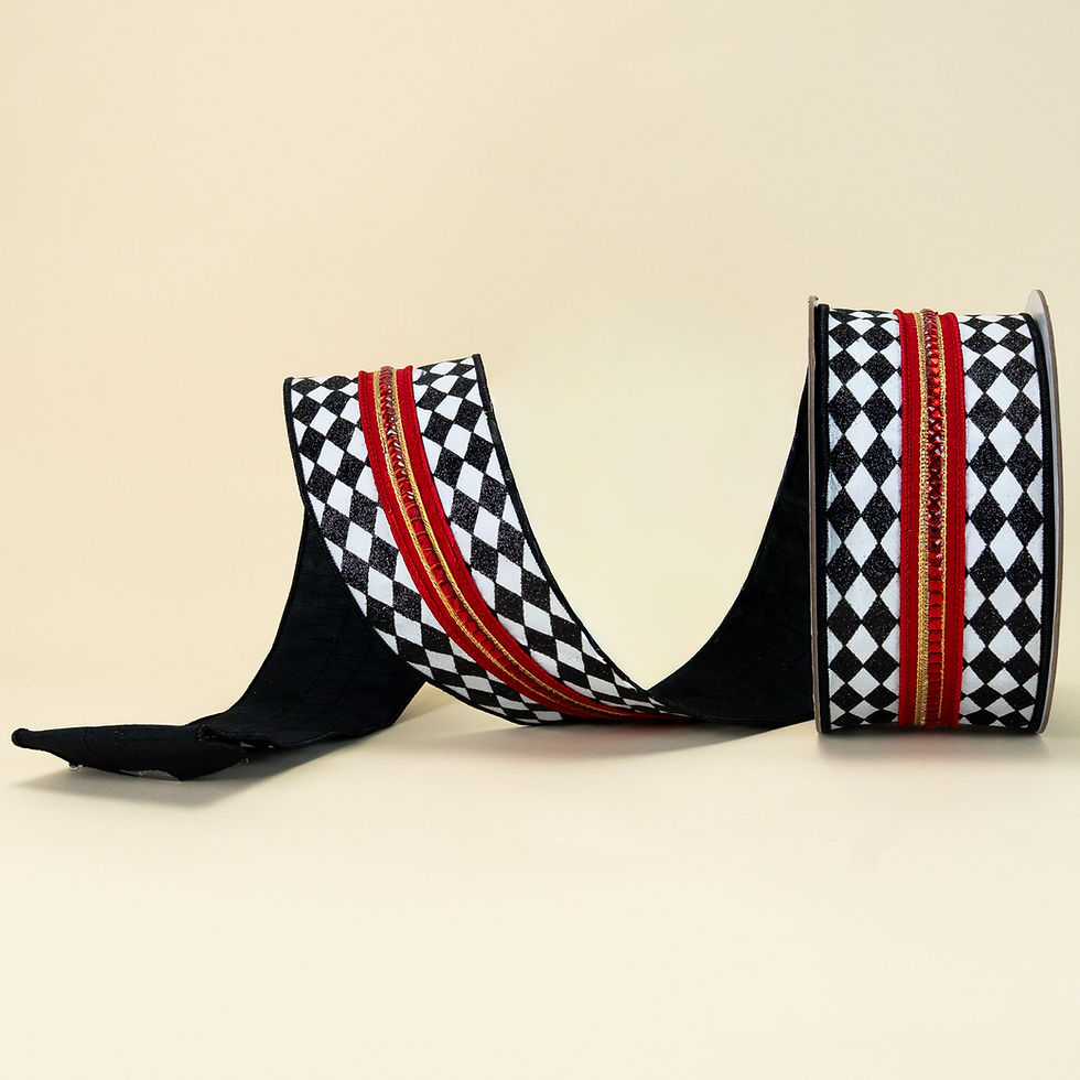 Thumbnail: RIBBON 4" X 10YDS JEWELED JESTER BLACK, WHITE ( 4 COLORS )