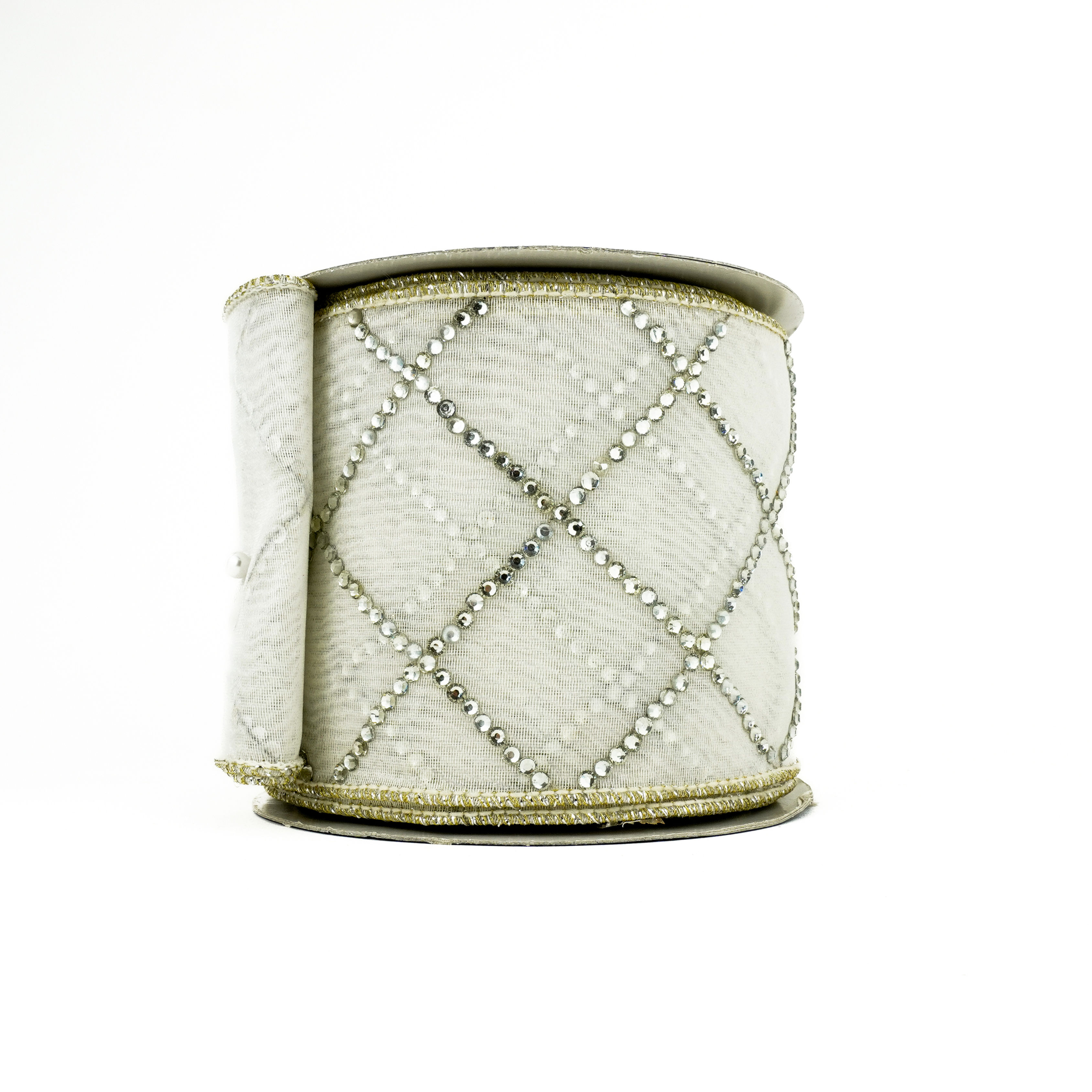 RIBBON 4X10YDS DOUBLE SHEER WITH JEWELS WHITE AND SILVER