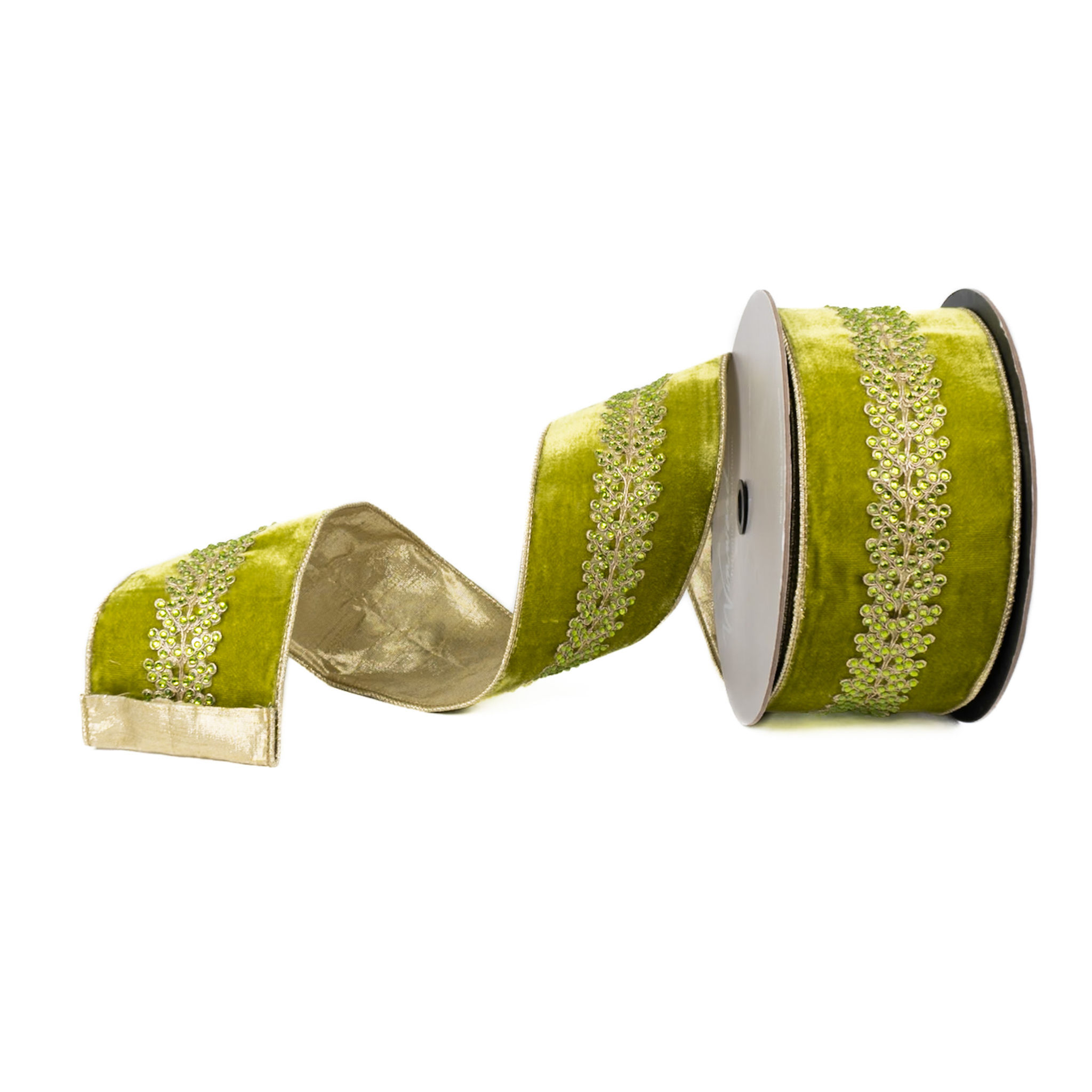 RIBBON 4" X 10YDS CRYSTAL LEAF VELVET GREEN