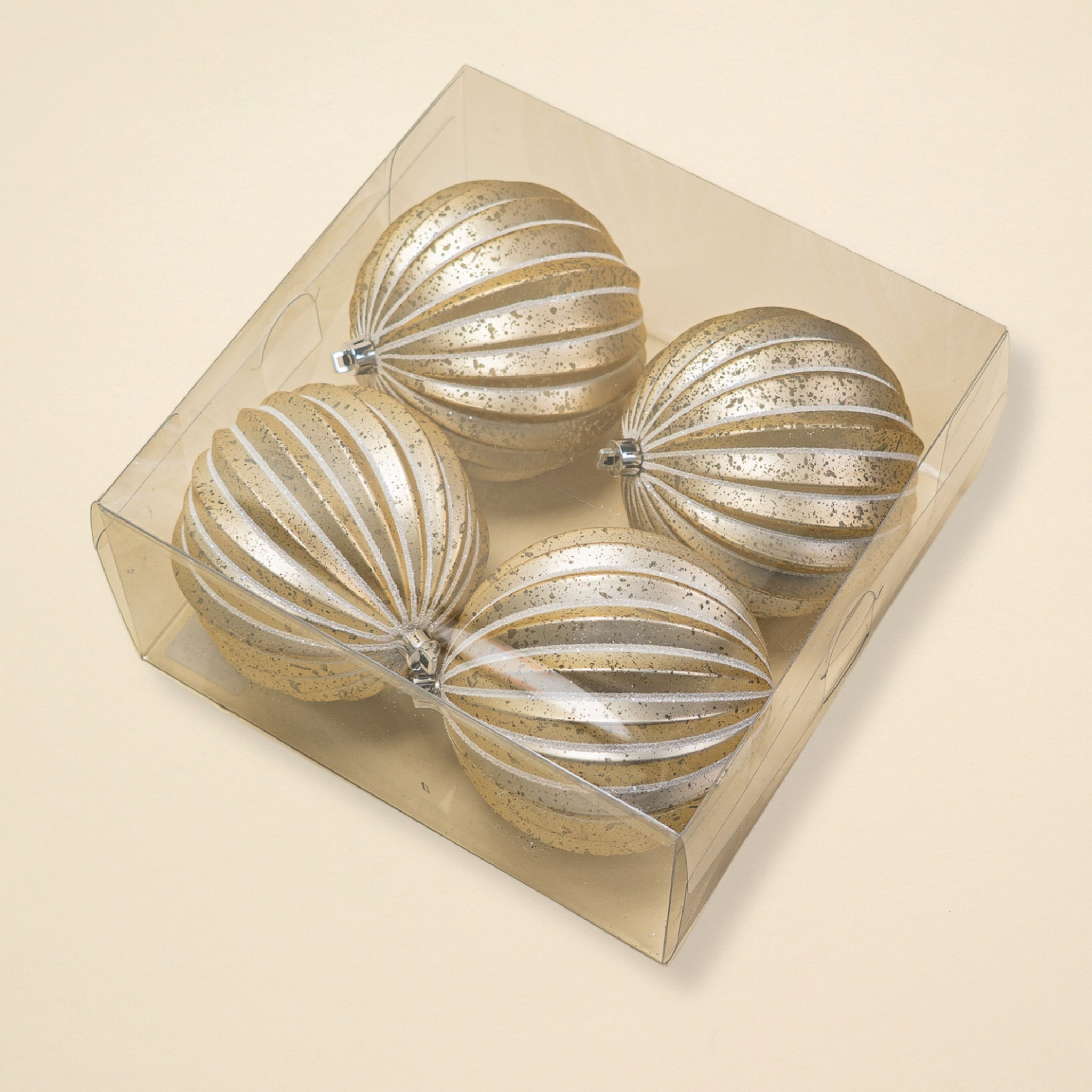BALL 100MM PUMPKIN VERTICAL STRIPES BEIGE AND SILVER 4PCS