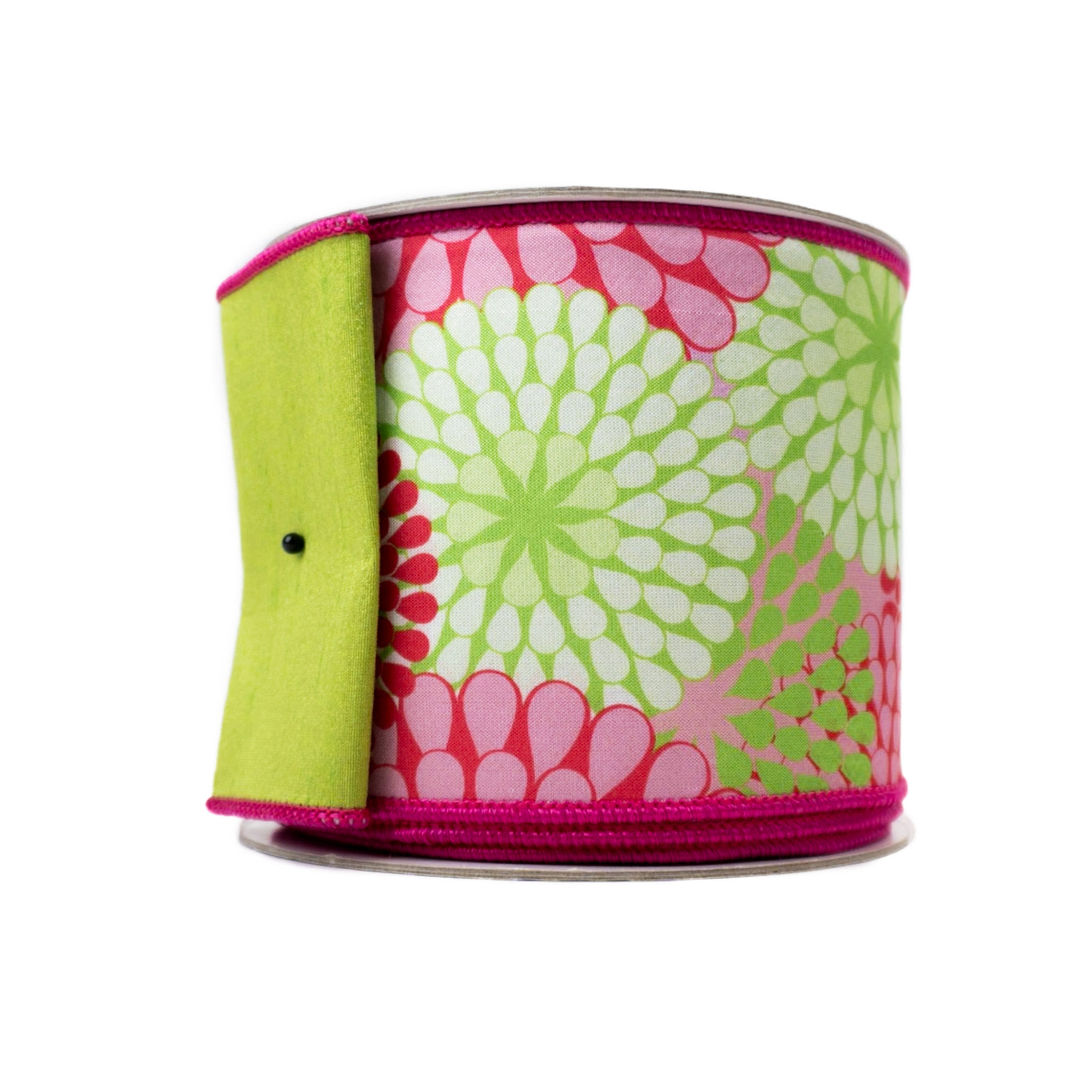 RIBBON 4X10YDS FLOWER POWER PINK AND GREEN