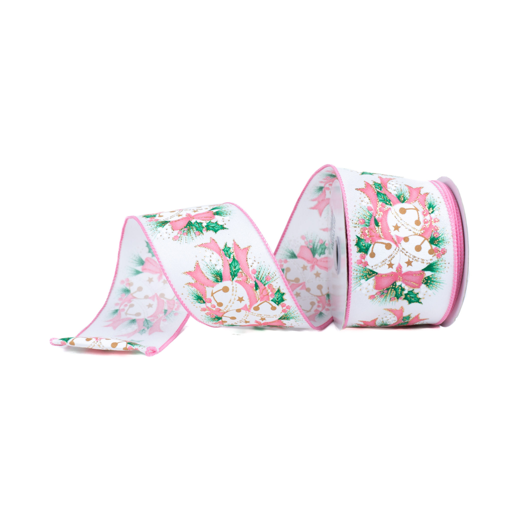 RIBBON 2.5" X 10YDS JINGLE BELL WITH PINE PINK, GOLD AND GREEN