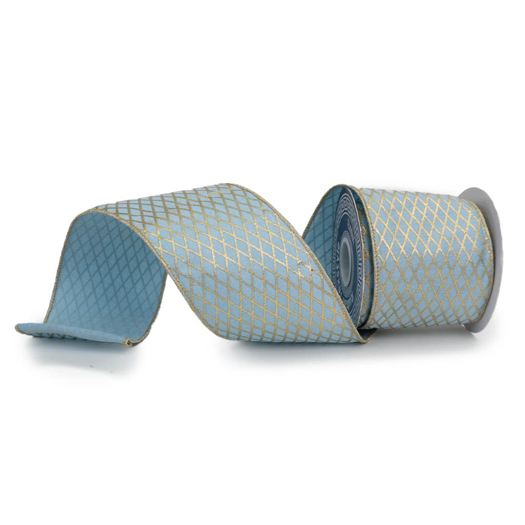 RIBBON 4" X 10YDS DUPION SKY BLUE AND GOLD