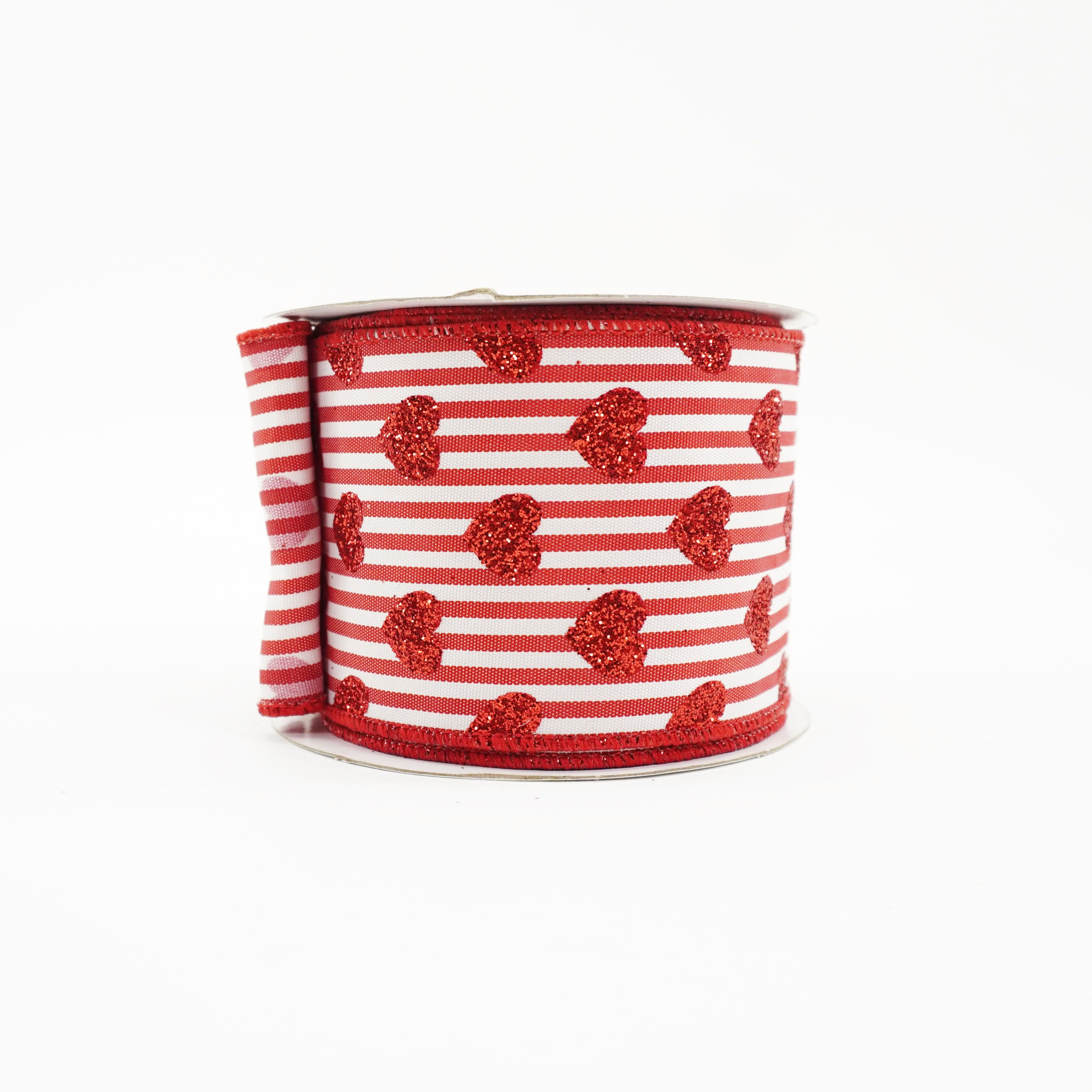RIBBON STRIPES WITH SMALL GLITTER HEARTS RED AND WHITE ( 2 SIZES)