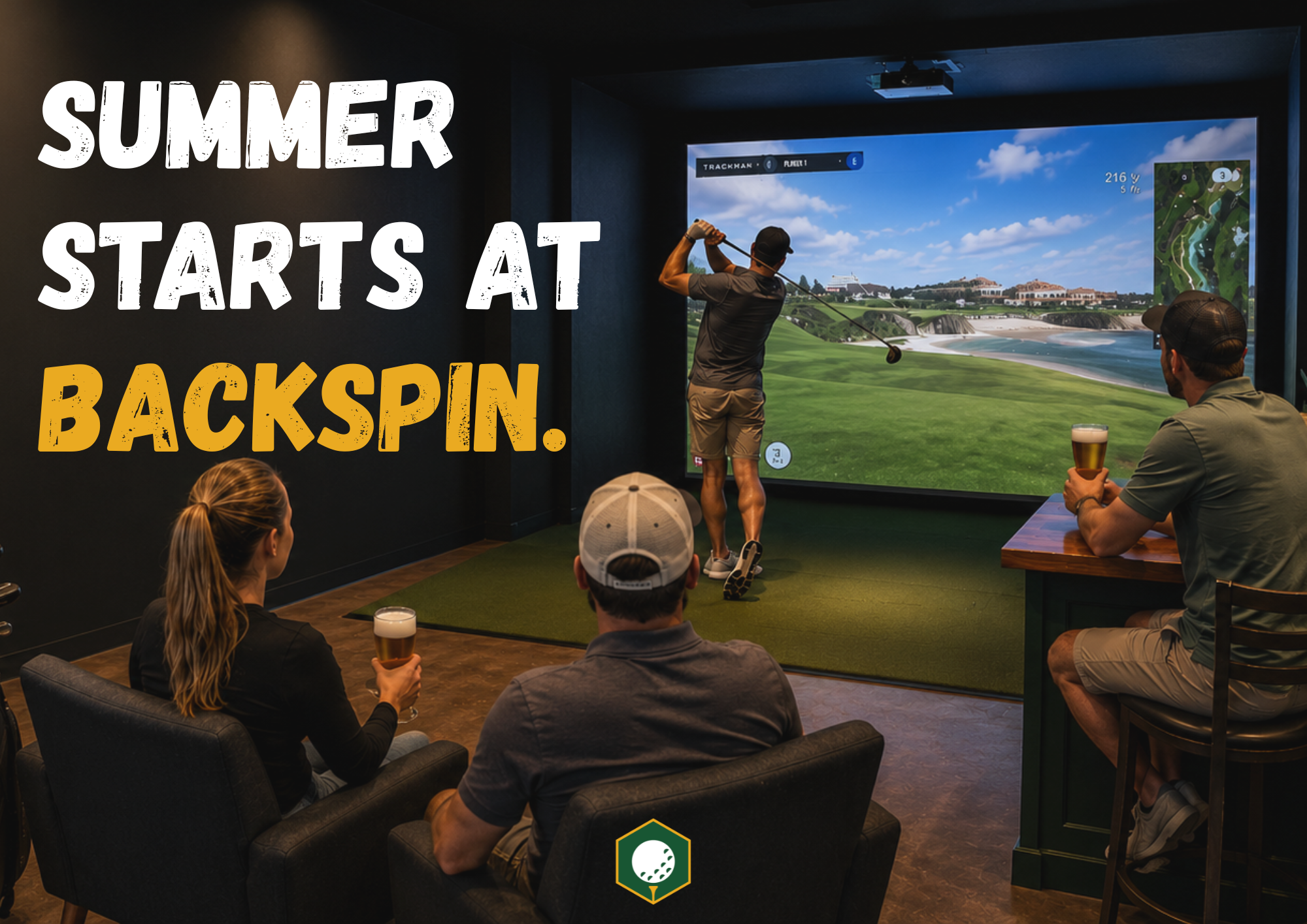 Promotional email showing friends at Backspin Social, golfing