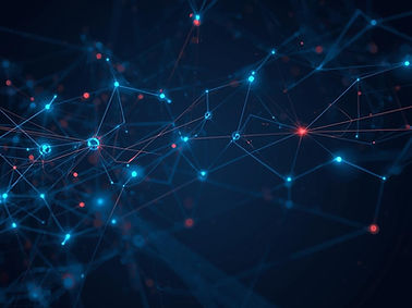 Abstract digital illustration, dark blue background (#142A3B). Futuristic glowing nodes an