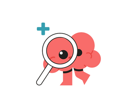 Cartoonified graphic of a smiling red brain with legs looking through a magnifying glass