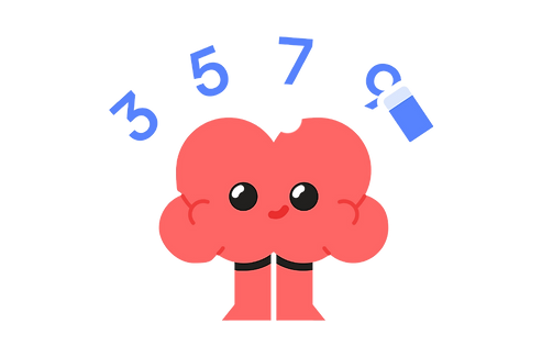 Cartoonified graphic of a smiling red brain with legs counting the blue numbers 3, 5, 7, and 9 as they float above its head
