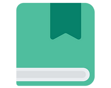 Graphic of a square green book with a dark green bookmark sticking out.