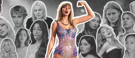 (Left to right) Conan Gray, Holly Humberstone, Maisie Peters, Megan Moroney, Troye Sivan, Clairo, Phoebe Bridgers, Olivia Rodrigo, Taylor Swift, Baby Queen, Gracie Abrams, Girl in Red, Sabrina Carpenter, Gus Dapperton, Griff, Kelsea Ballerini, and GAYLE