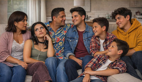 Blended family with a mom and dad and their kids the three sons look like they are engaged in what their dad is saying and the mom and her daughter look exasperated. They are all on the same sofa but it is obvious the the steps for integrating mom and dad and step mom and step dad relationships are struggling