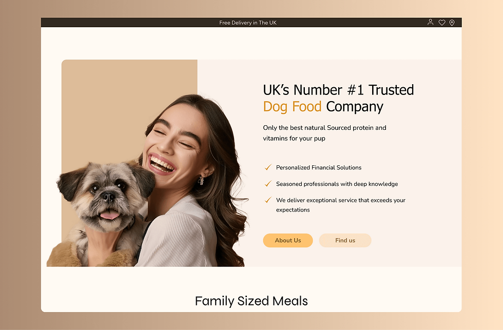 Woman holding a dog. Dog Food Mock Up Website Design