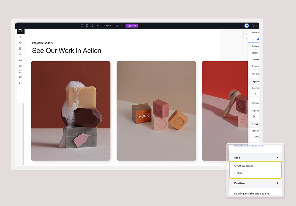 project portfolio in wix editor, highlighting overflow content
