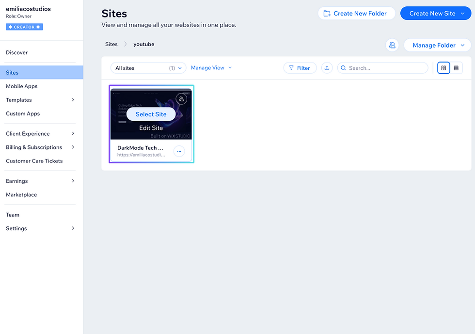 Wix editor screenshot of editors dashboard
