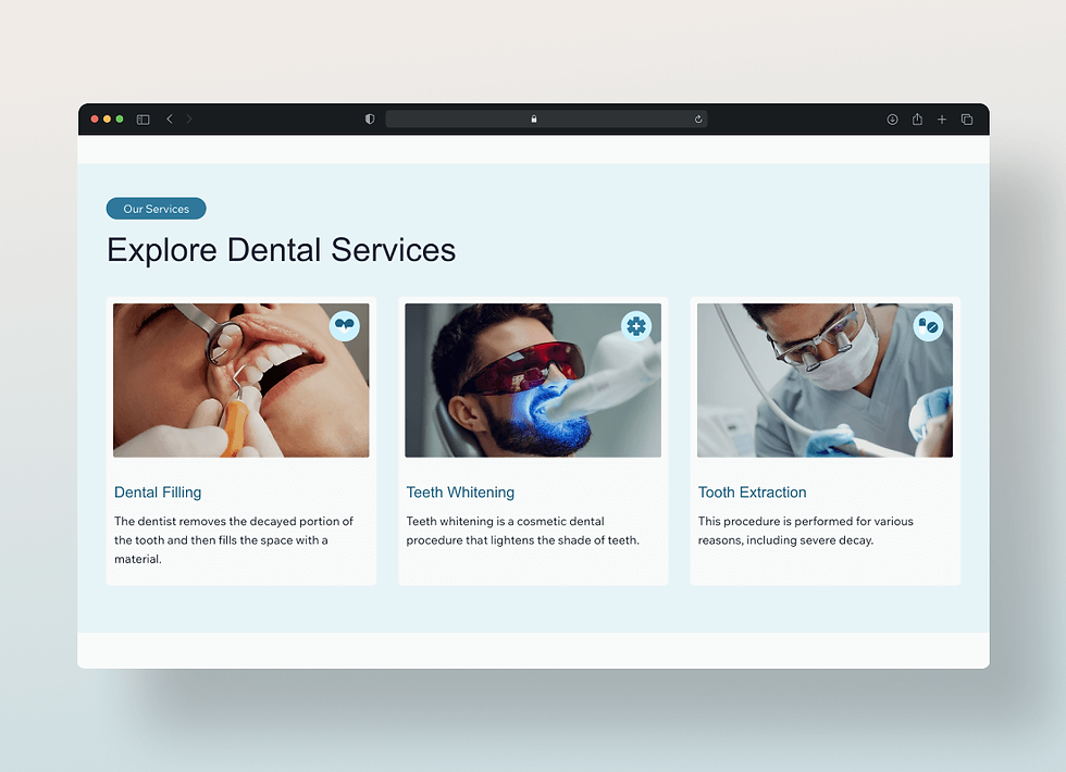 Dental practice website screenshot of treatment section
