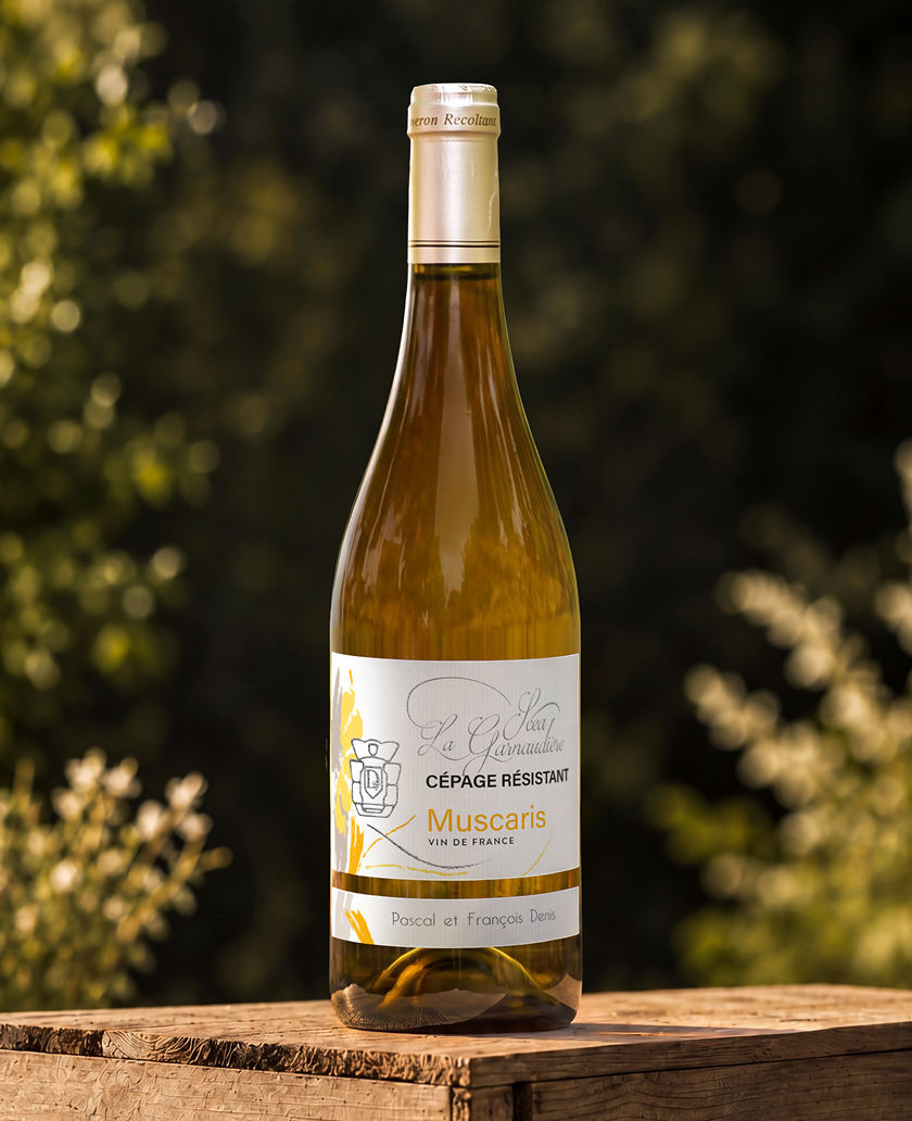 Bouteille de Muscaris, vin blanc moelleux (cépage résistant) du Domaine de La Garnaudière