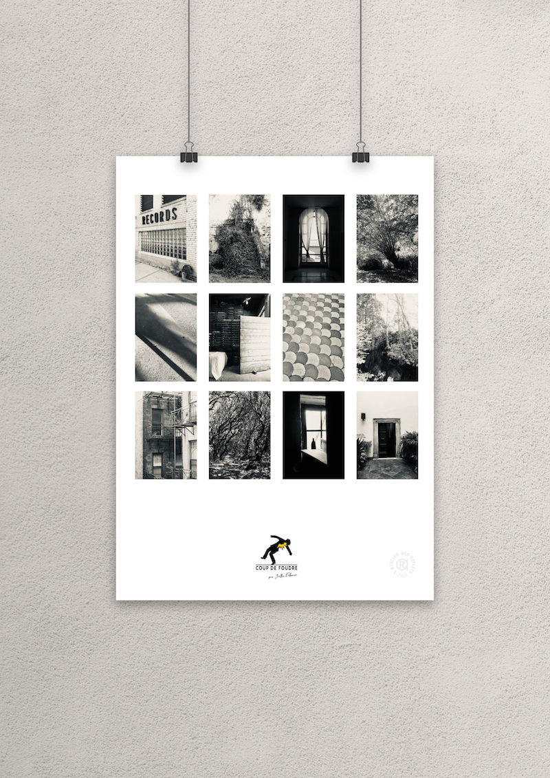 Affiche "Coup de Foudre", planche de 12 photographies noir et blanc, scènes urbaines et nature, collection les artistes