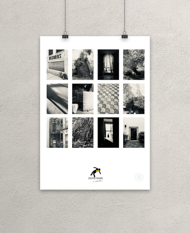 Affiche "Coup de Foudre", planche de 12 photographies noir et blanc, scènes urbaines et nature, collection les artistes
