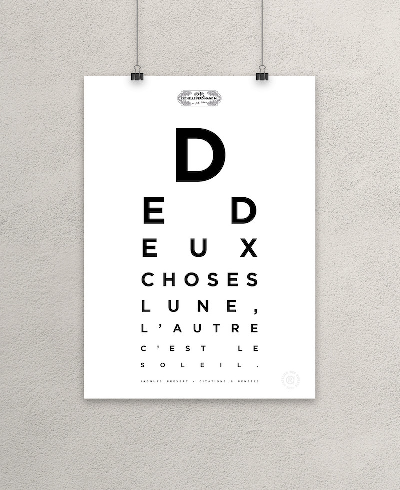 Affiche test de vue, citation "De deux choses l'une, l'autre c'est le soleil", Jacques Prévert, L'Échelle Ferdinand M.