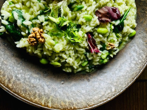 Risotto aux légumes verts et aux noix, accord végétarien du Muscadet du Domaine de La Garnaudière