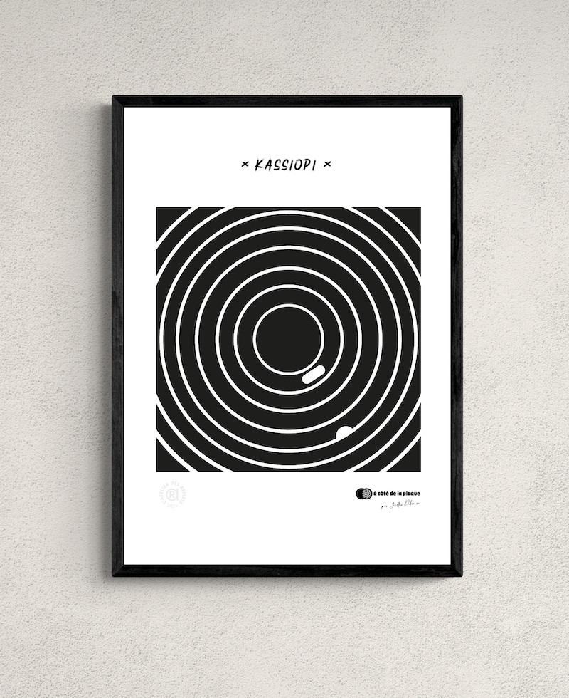 Affiche "Kassiopi", motif cercles concentriques façon plaque d'égout, collection à côté de la plaque, noir et blanc