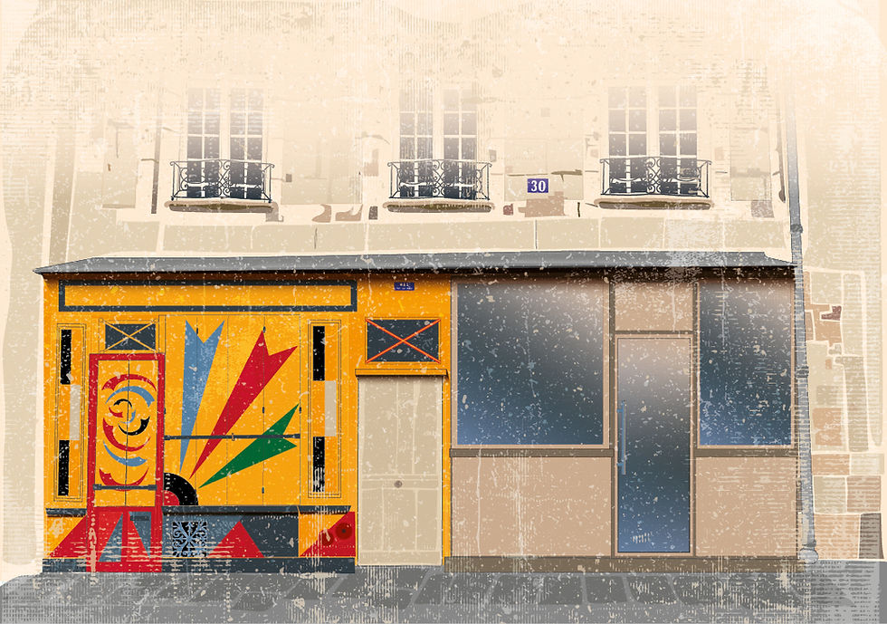 Illustration "Paris", façade de magasin jaune avec décor coloré et numéro 30