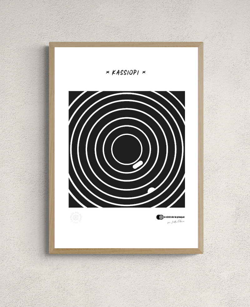 Affiche "Kassiopi", motif cercles concentriques façon plaque d'égout, collection à côté de la plaque, noir et blanc