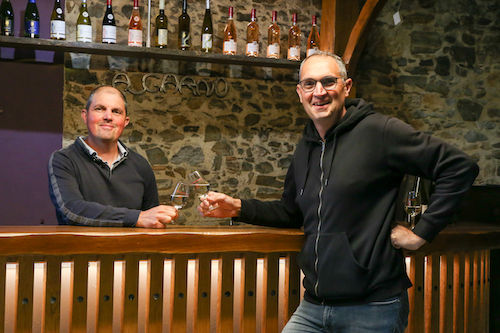 Pascal et François Denis, vignerons du Domaine de La Garnaudière, trinquant au comptoir de dégustation