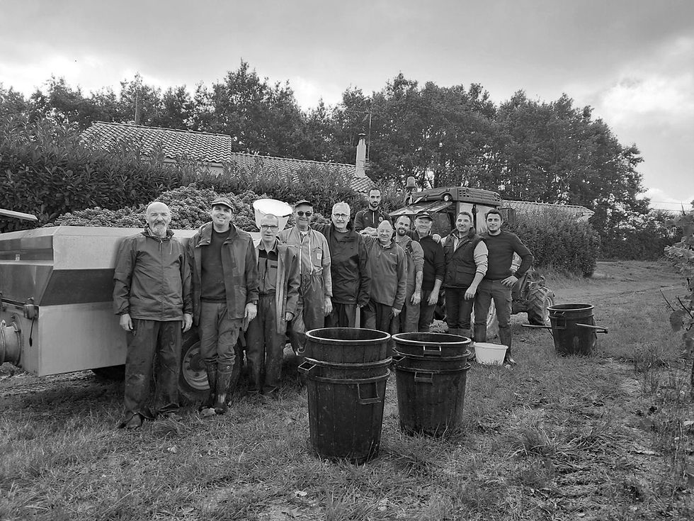 Équipe de vendangeurs posant avec des cuves en bois près d'une machine à vendanger, photographie ancienne en noir et blanc du Domaine de La Garnaudière
