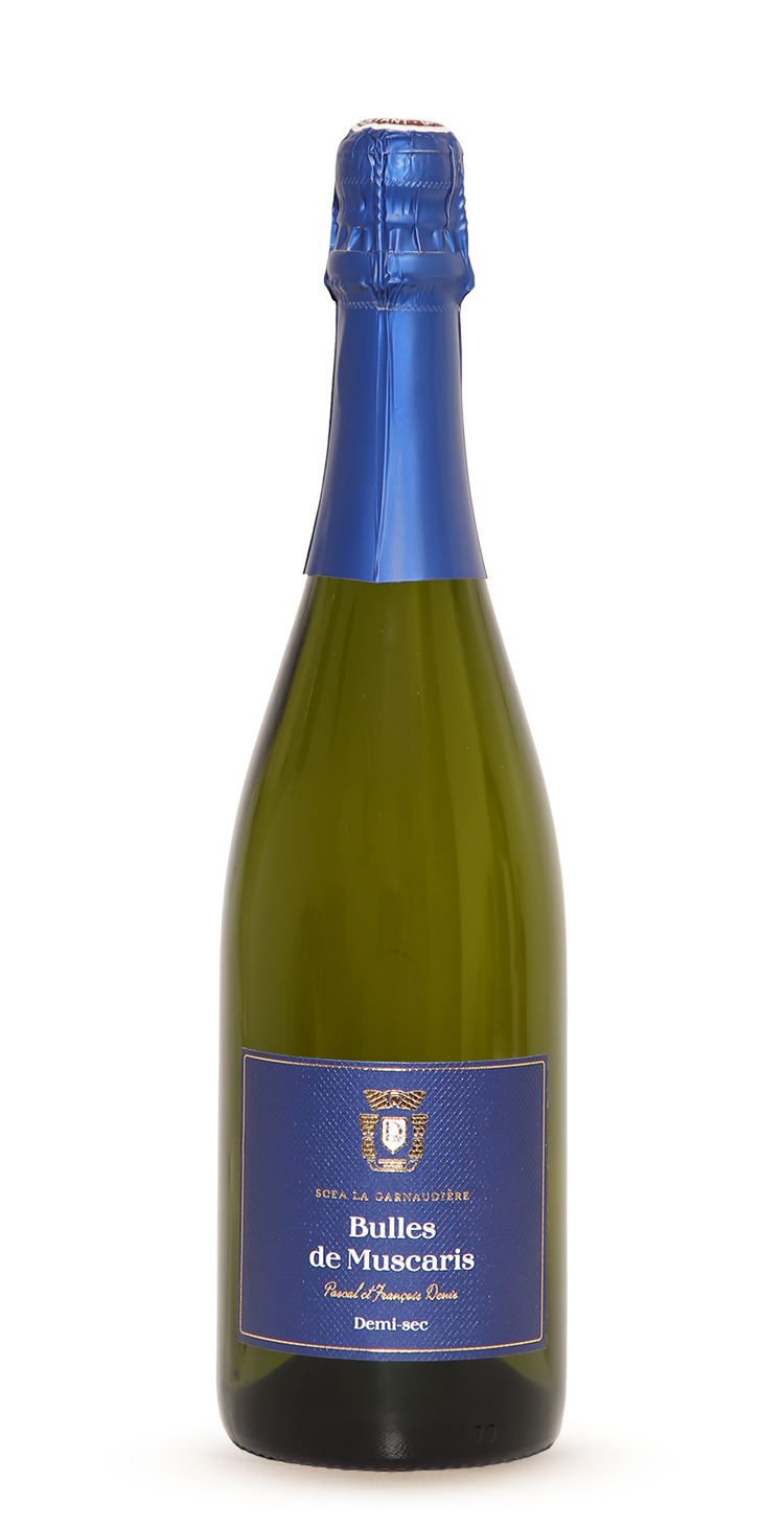 Bouteille de Bulles de Muscaris, vin effervescent demi-sec du Domaine de La Garnaudière